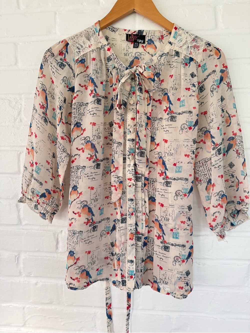 Yumi Kim Cream Bird-Print Tie-Neck Blouse with Blue & Coral Accents